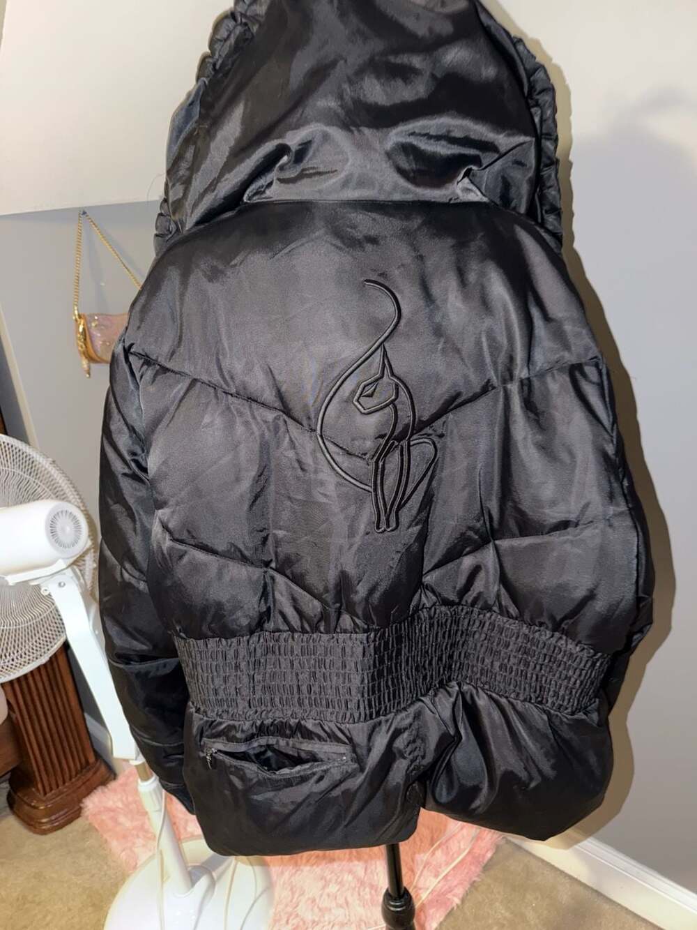 Vintage Baby Phat Black Puffer Jacket with Leopard Print Lining and Oversized Co